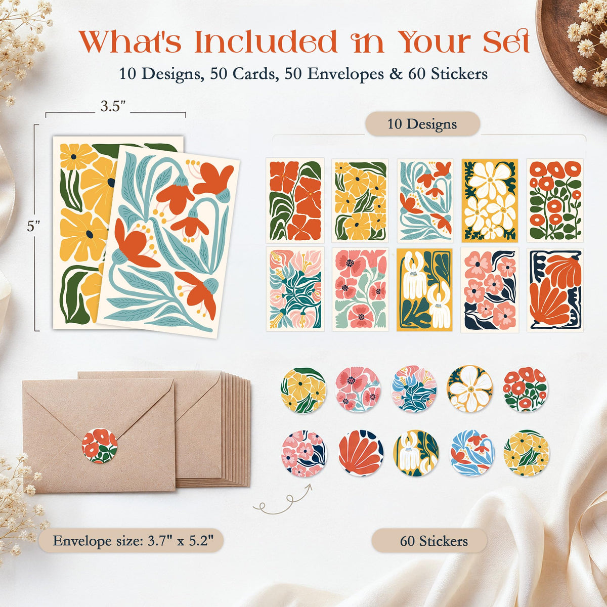 AUDREE Blank Cards with Envelopes, Modern Abstract Flowers 50 Pack