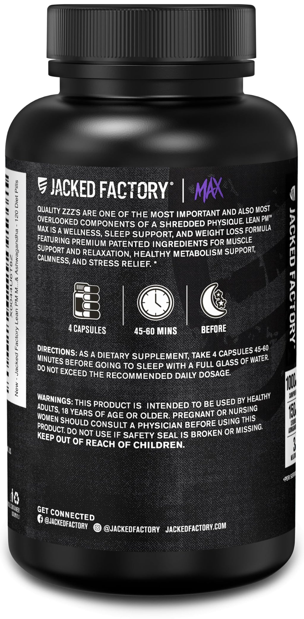 Jacked Factory Lean PM Max - High-Performance Weight Loss, Sleep Support, Fat Burner, & Appetite Suppressant for Men and Women w/Melatonin, Magnesium, Carnipure, & Ashwagandha - 120 Diet Pills