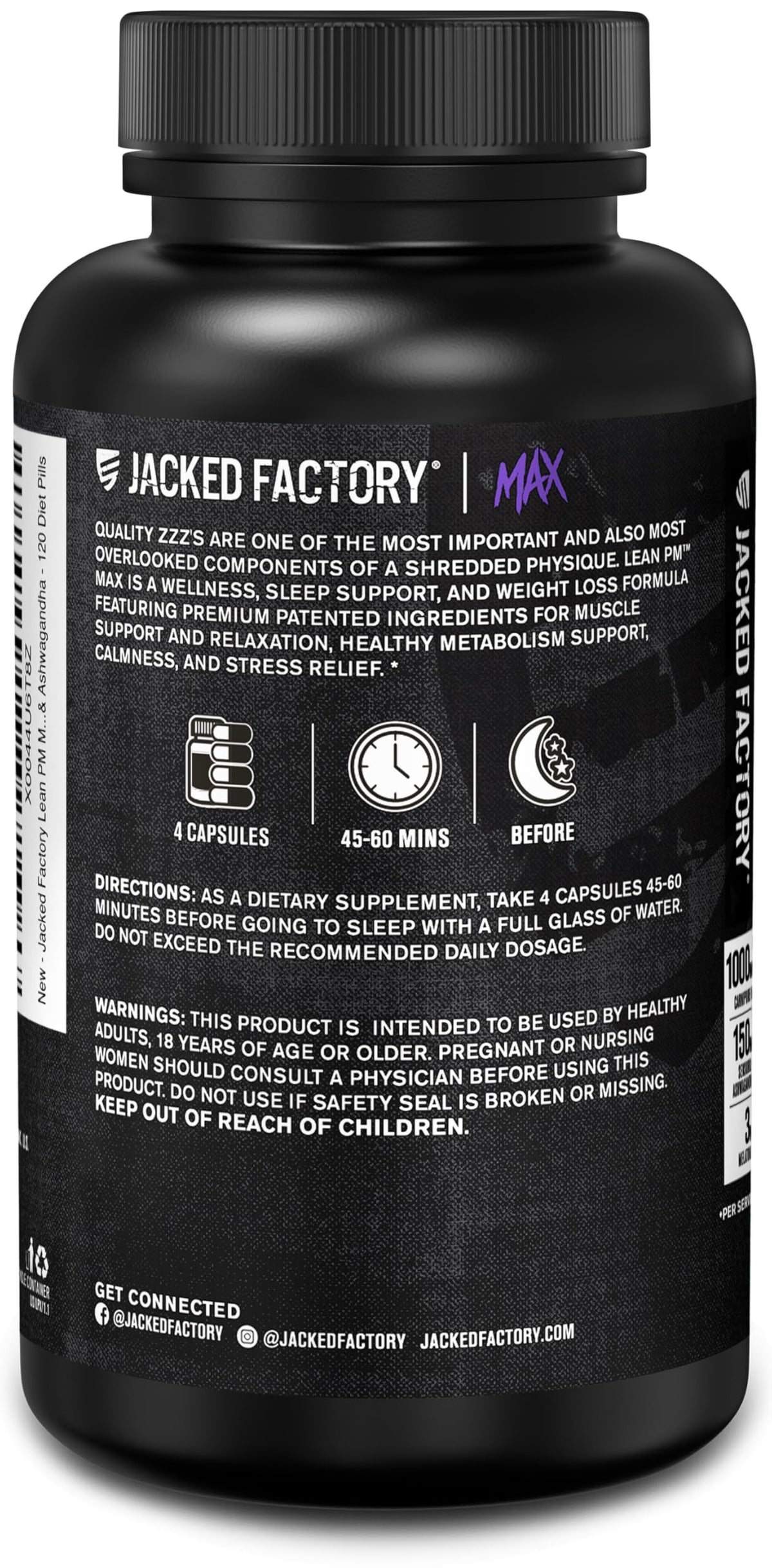 Jacked Factory Lean PM Max - High-Performance Weight Loss, Sleep Support, Fat Burner, & Appetite Suppressant for Men and Women w/Melatonin, Magnesium, Carnipure, & Ashwagandha - 120 Diet Pills