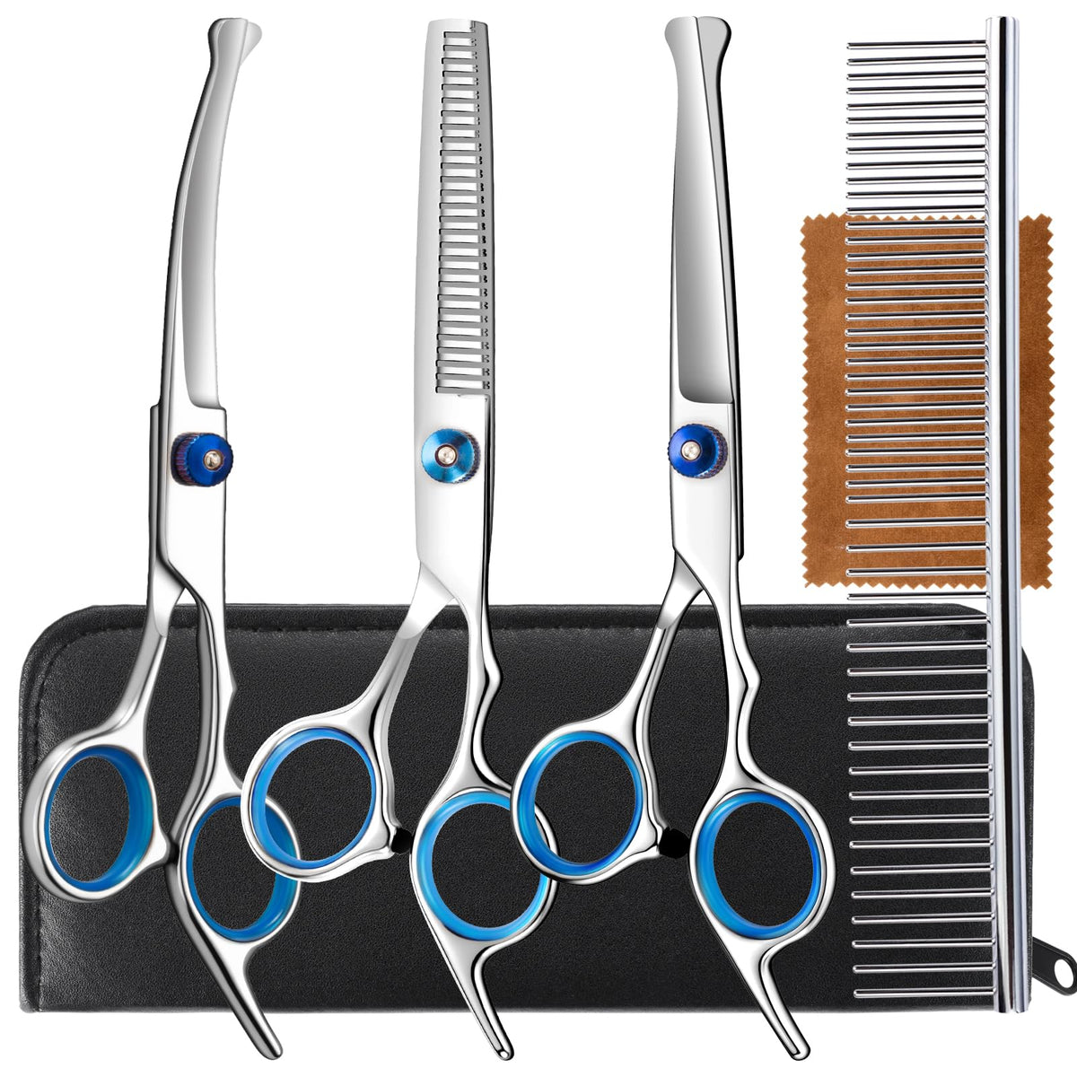 5 in 1 Upgraded Thicken Dog Grooming Scissors, Professional Dog Scissors for Grooming with Safety Round Tips, Lengnoyp Stainless Steel Thinning Shears, Pet Cat Shears for Grooming Kit