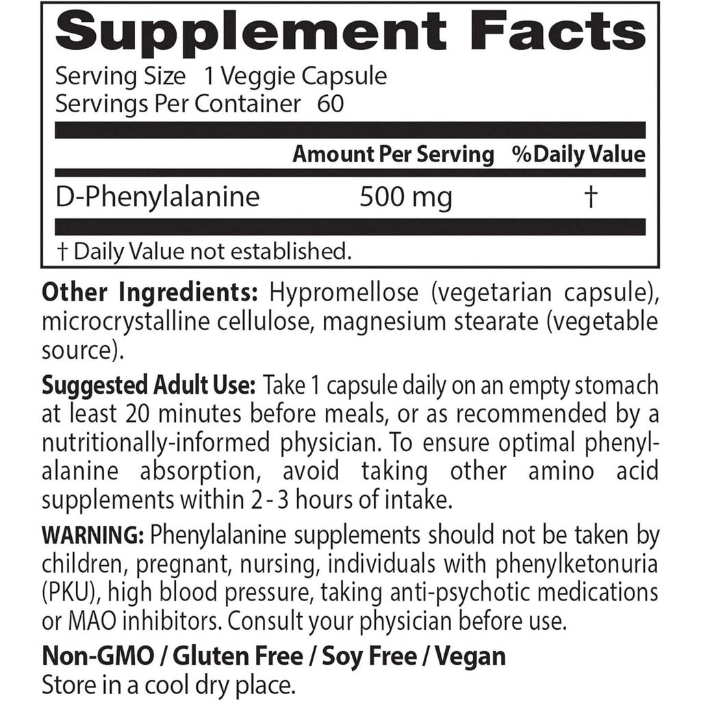 Buy now Doctor's Best D-Phenylalanine, Supports Mood, Nervous System, Non-GMO, Vegan, Gluten Free, 500 mg, 60 Veggie Caps at indiglob india