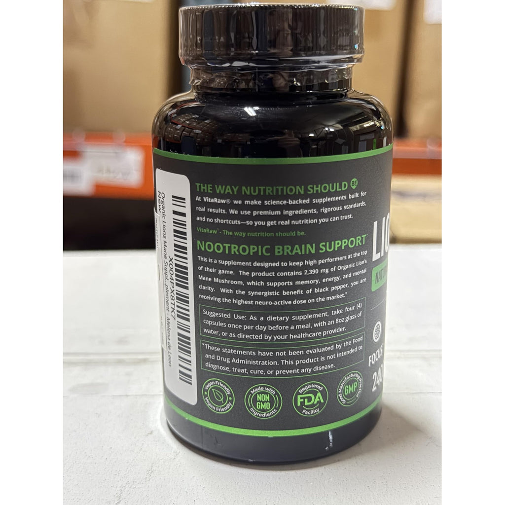 VitaRaw Organic Lions Mane Supplement Capsules 2400 mg - Powerful Nootropic - Helps Maintain Memory, Energy, and Mental Clarity - Vegan Brain Booster Focus Pills - Real Lion's Mane Supplement