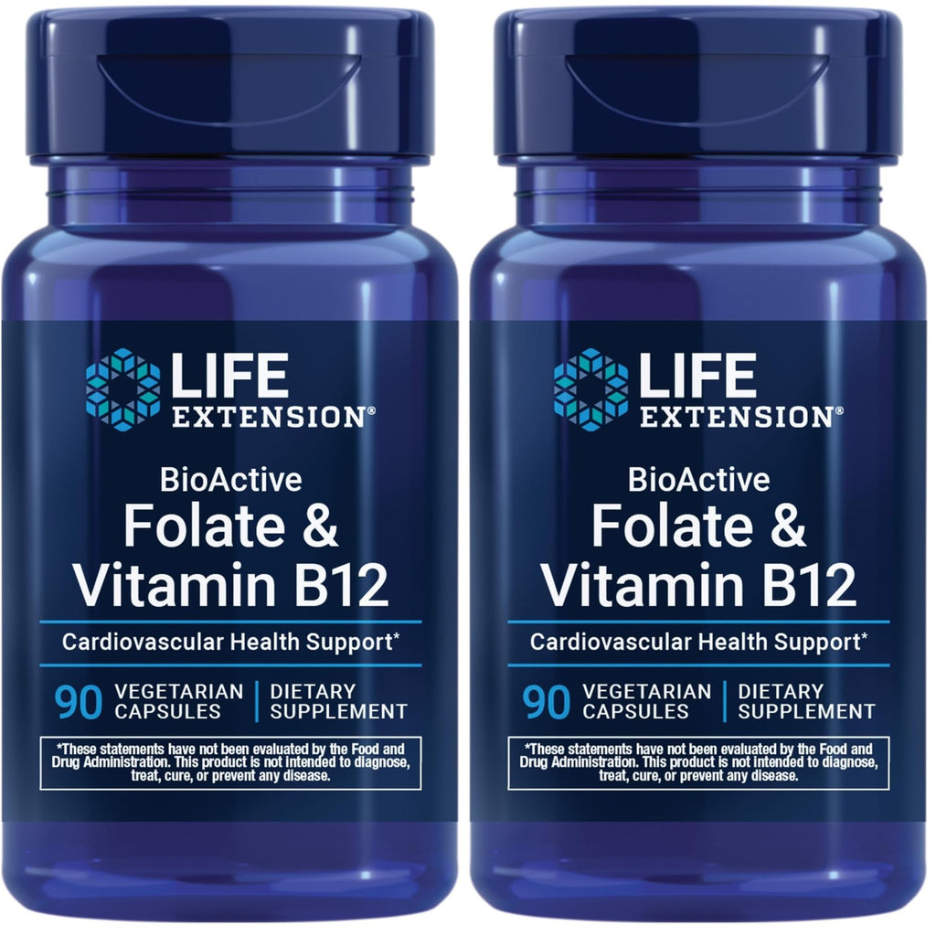 Life Extension BioActive Folate & Vitamin B12, Promotes Heart, Brain & GI Tract Health, Non-GMO, Gluten-Free, Vegetarian, 90 Capsules | BioActive Folate & Vitamin B12 Promotes Heart, Brain & GI Tract Health, Non-GMO, Gluten-Free & Vegetarian