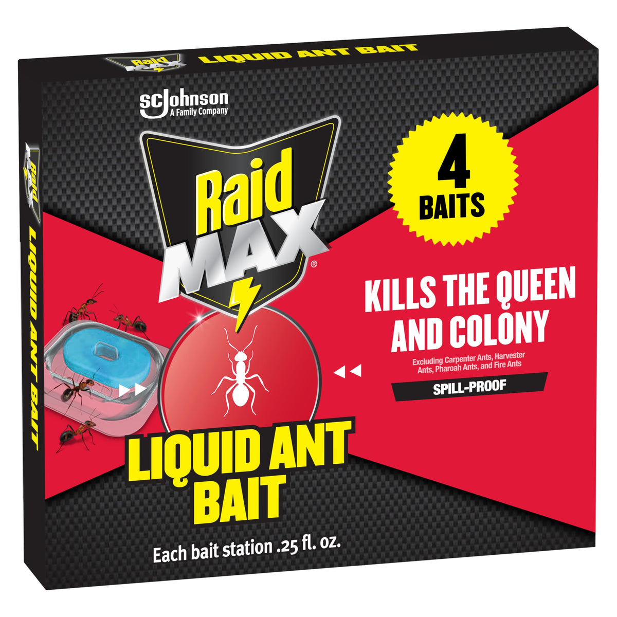Raid Max Liquid Ant Bat; Kills Ants Where They Breed, for Indoor and Outdoor Use; 4 Bait Stations