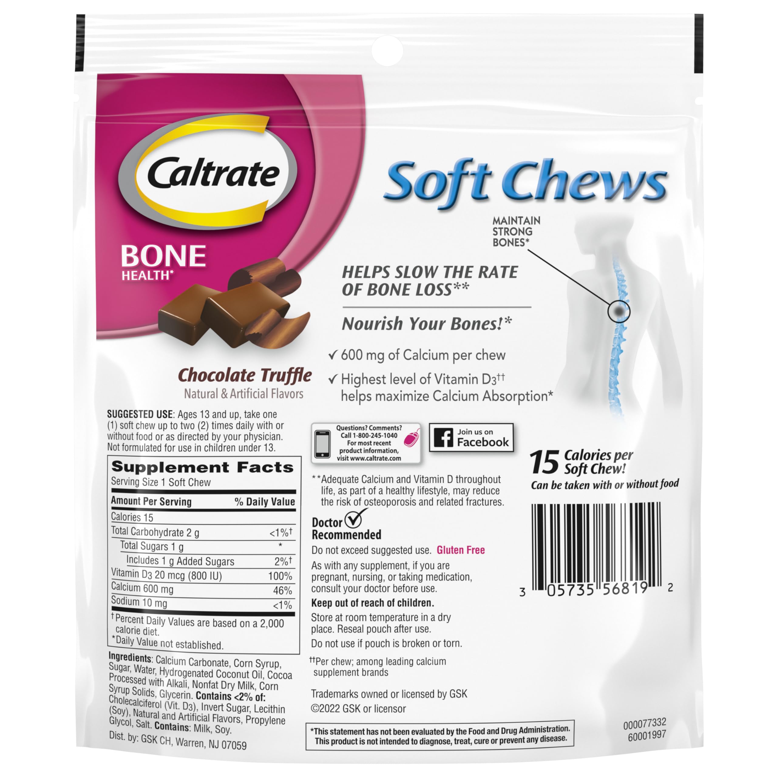 Caltrate Chewables 600 Plus D3 Vitamin D and Calcium Supplement, 60 Count | Chocolate Truffle, Highest Level of Vitamin D3, Maximizes Calcium Absorption to Support Strong Bones and Daily Function
