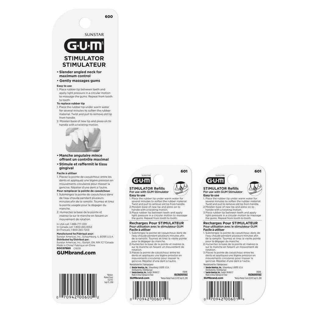 GUM Stimulator Permanent Handle with Rubber Tip, 1 Handle + 2 Refill Packs