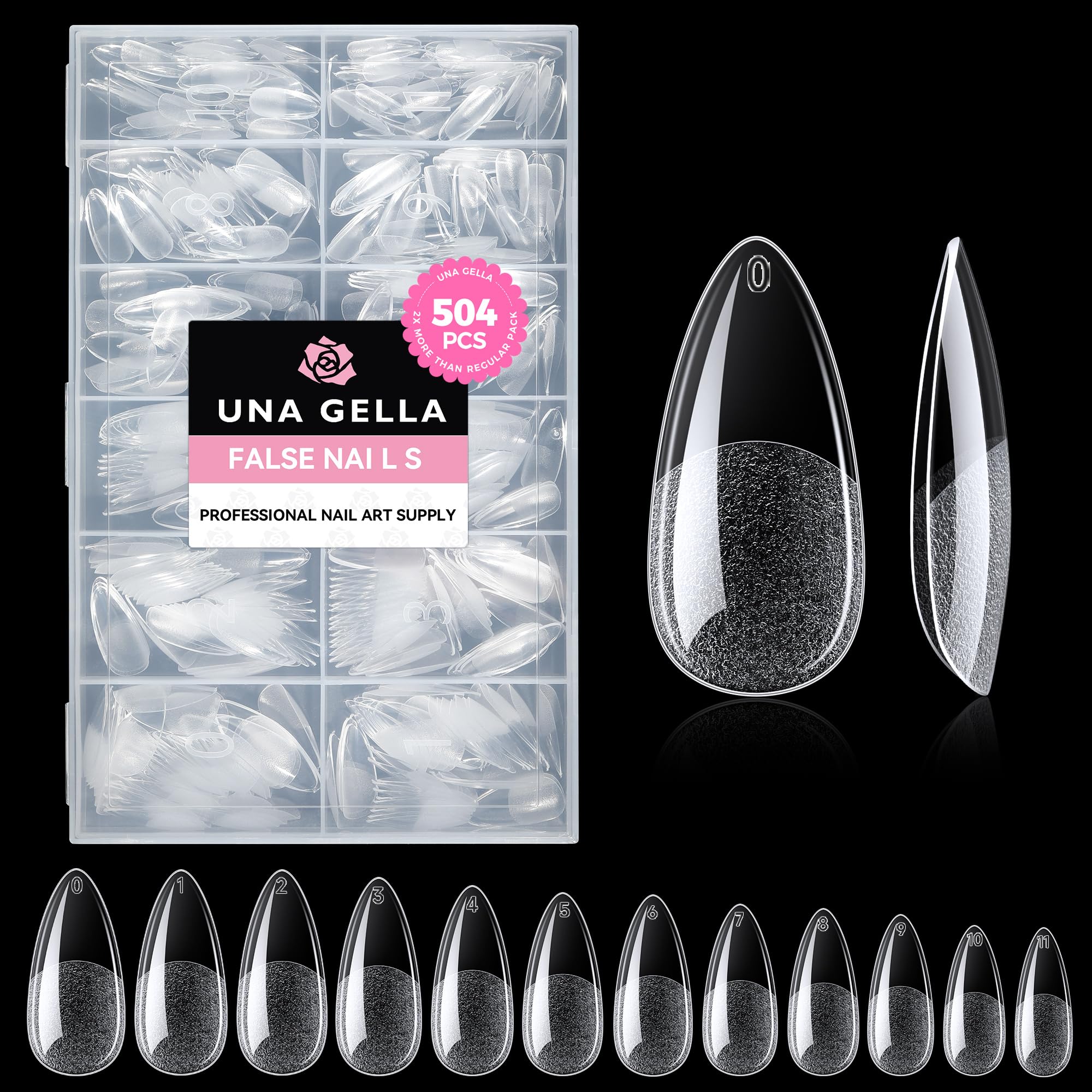 Buy now UNA GELLA Almond Gel Nail Tips, 504PCS Pre Etched Clear Fake Nails Tips Medium Almond Shape - 12 Sizes Full Cover Soft Acrylic Press On Nail Extensions No C Curve Gift for Diy at Home Medium Almond at indiglob india