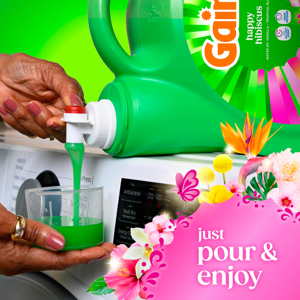 Gain Liquid Laundry Detergent, With Odor Defense, Happy Hibiscus Scent, Laundry Soap For HE Washing Machines, 132 fl oz, 100 Loads (Packaging May Vary)
