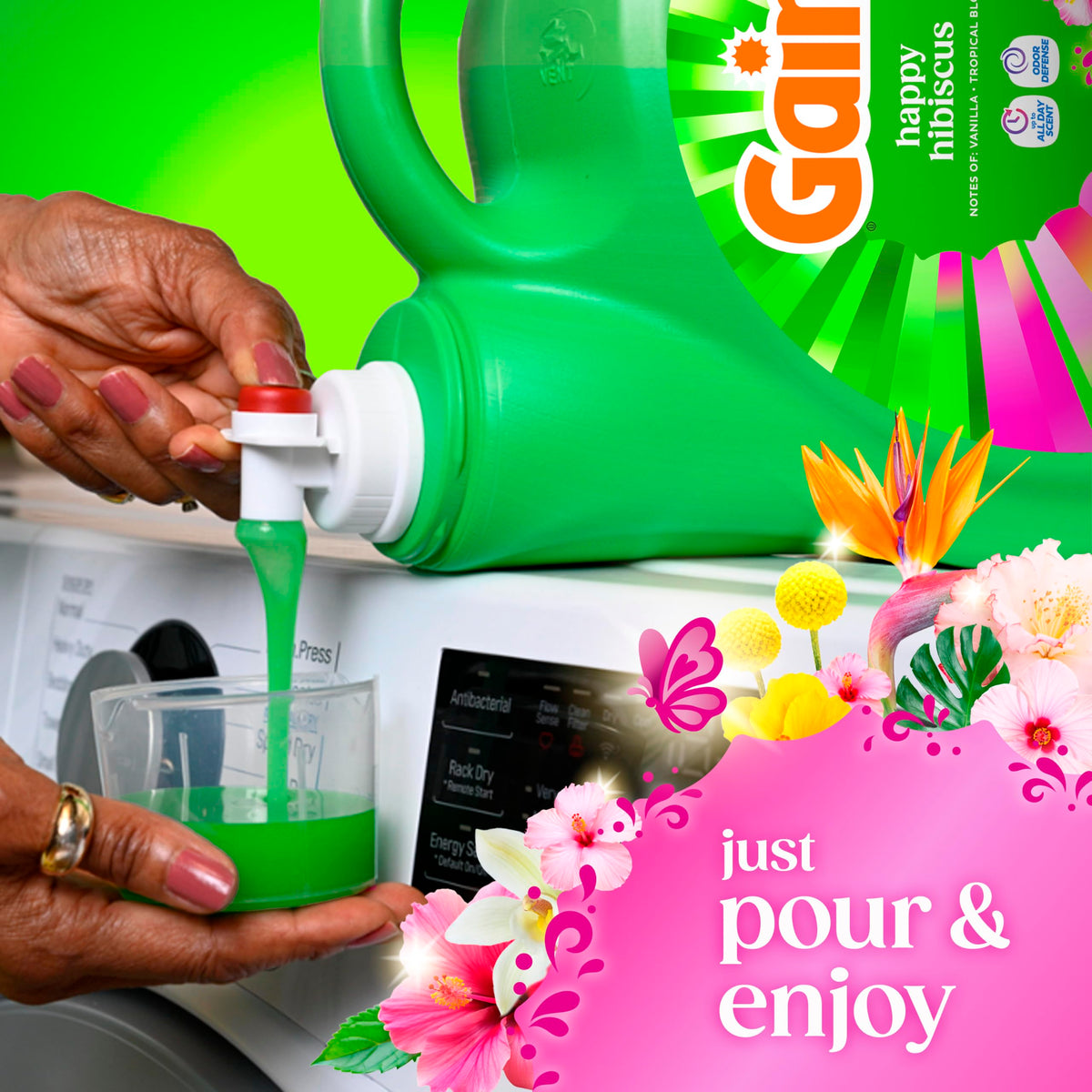 Gain Liquid Laundry Detergent, With Odor Defense, Happy Hibiscus Scent, Laundry Soap For HE Washing Machines, 132 fl oz, 100 Loads (Packaging May Vary)