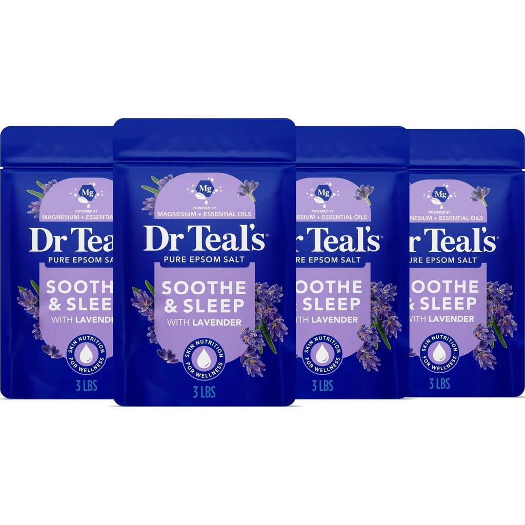 Dr Teal's Pure Epsom Magnesium Salt Soak, Soothe & Sleep with Lavender, 3 lb (Pack of 4)