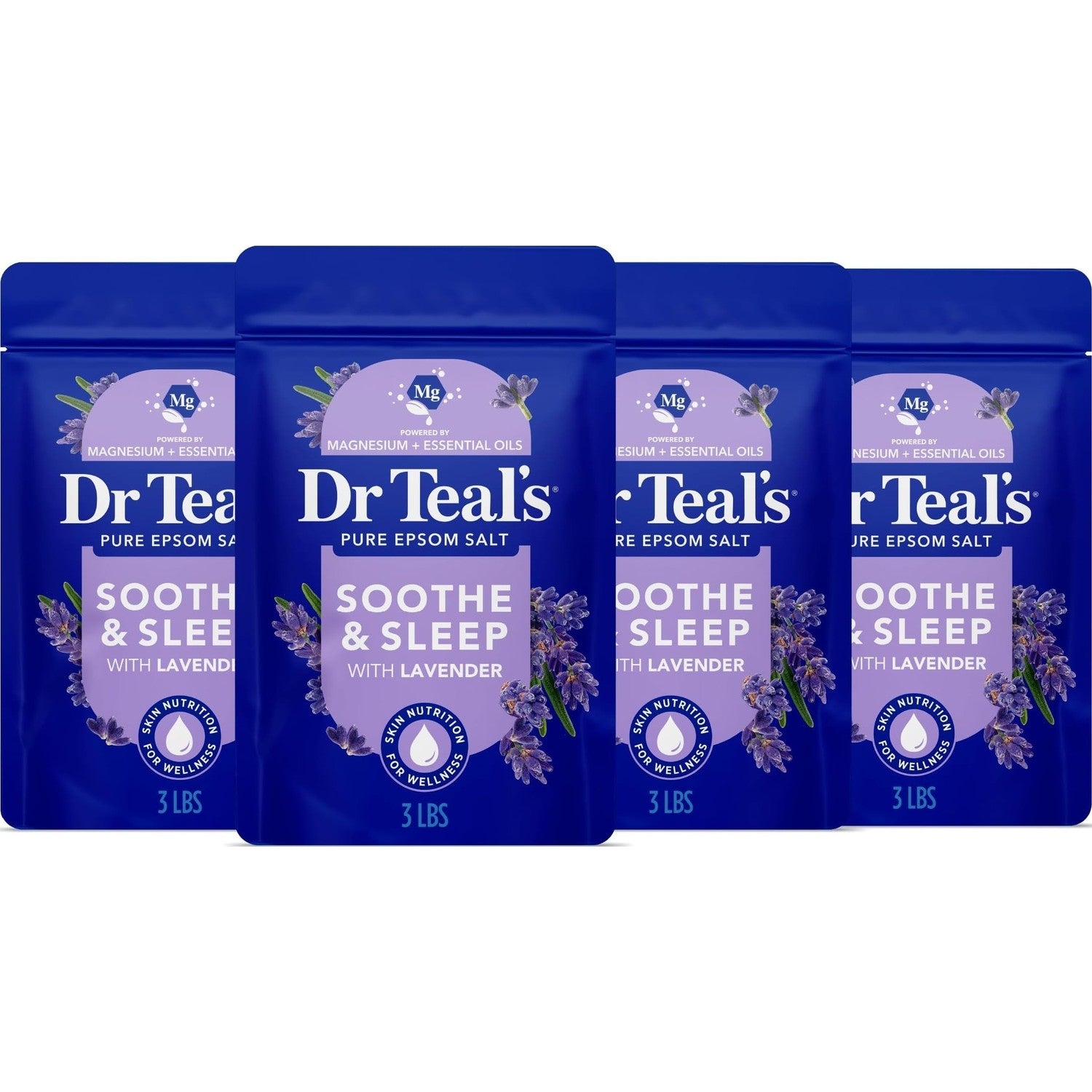 Dr Teal's Pure Epsom Magnesium Salt Soak, Soothe & Sleep with Lavender, 3 lb (Pack of 4)