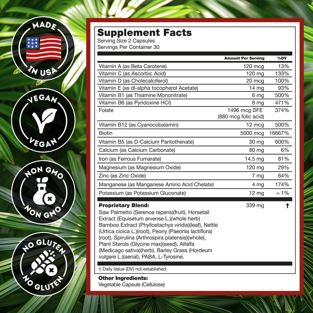 DHT Blocker Hair Growth Supplement - High Potency Biotin & Saw Palmetto for Hair Regrowth - Natural Hair Loss Treatments for Women & Men - Helps Stimulate Hair Follicle Growth