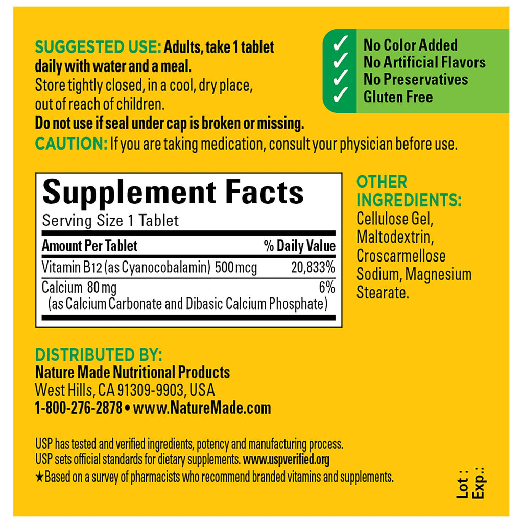 Nature Made Vitamin B12 500 mcg for Energy Metabolism Support, 100 Tablets | B12 Vitamins 500 mcg, Help Support Energy Metabolism, Brain Cell Function and Healthy Aging, Gluten Free, 100 Day Supply