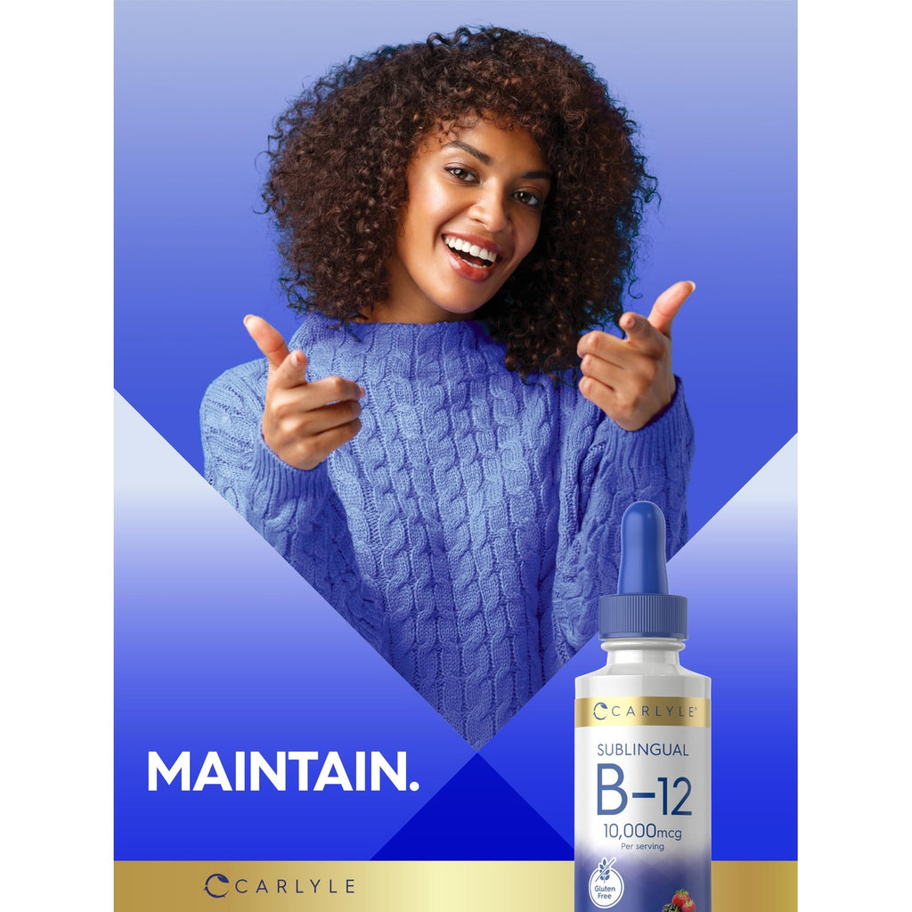 Carlyle Vitamin B12 Sublingual Liquid Drops | 10,000 mcg | 2 fl oz | As Cyanocobalamin and Methylcobalamin | Vegetarian, Non-GMO and Gluten Free