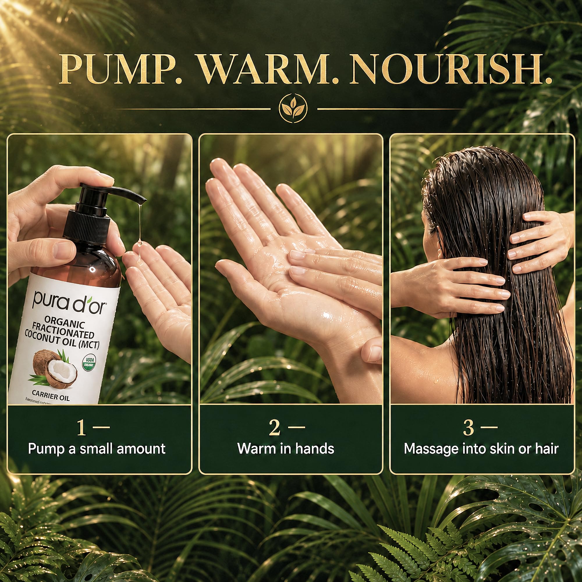 PURA D'OR ORGANIC Fractionated Coconut Oil MCT Skin Hair Massage, 16oz
