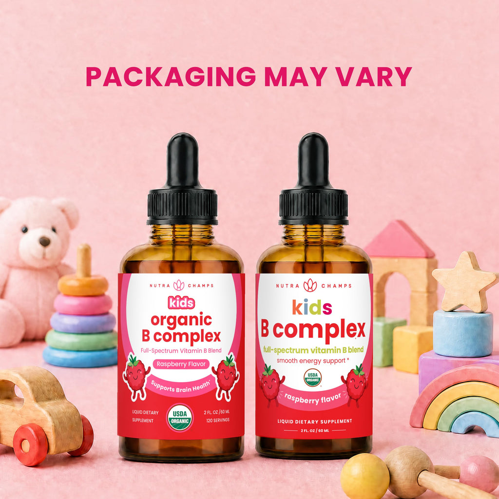 NutraChamps Organic Vitamin B Complex for Kids, B1, B2, B3, B6, B7, B9 & Methyl B12, Kids B Complex Liquid Drops Supplement, Energy, Focus, Metabolism, Natural Berry, 120 Servings, 4 Month Supply