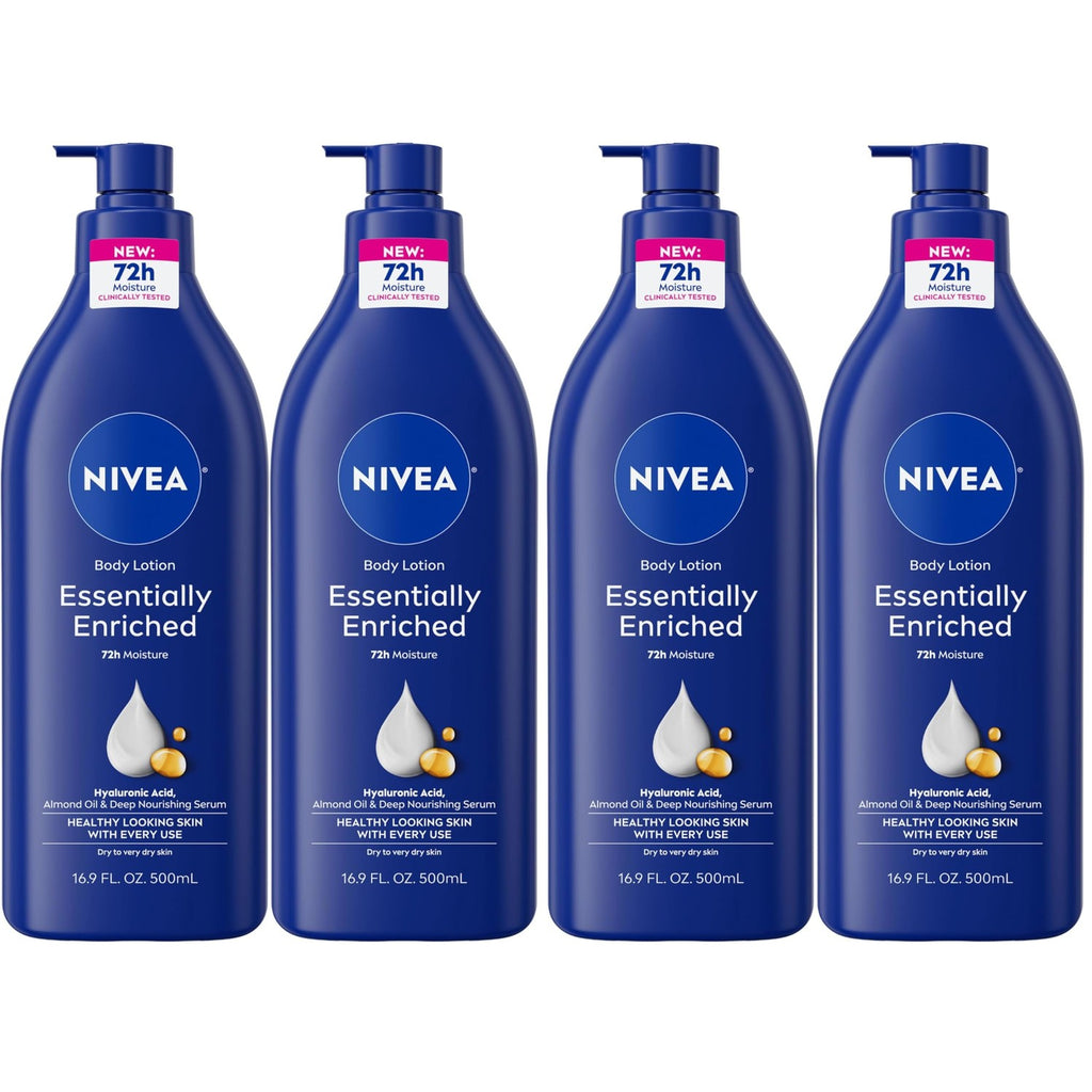 NIVEA Essentially Enriched Body Lotion, Value Pack, 2 x 16.9 FL OZ | Hydrating Body Lotion with Hyaluronic Acid, Almond Oil and Deep Nourishing Serum, For Dry to Very Dry Skin,72-Hour Moisture