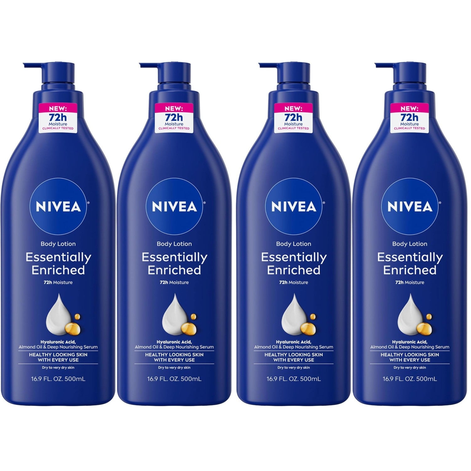 NIVEA Essentially Enriched Body Lotion, Value Pack, 2 x 16.9 FL OZ | Hydrating Body Lotion with Hyaluronic Acid, Almond Oil and Deep Nourishing Serum, For Dry to Very Dry Skin,72-Hour Moisture