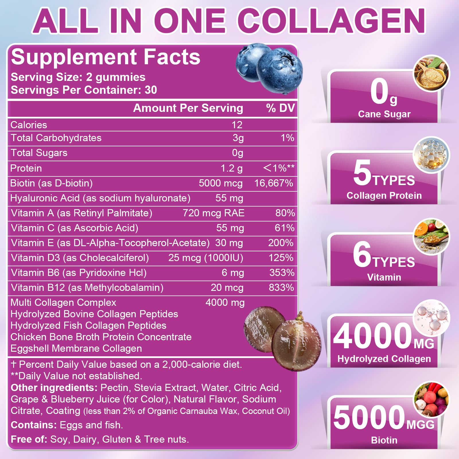 Nature's live Multi Collagen Peptides Gummies, Type I, II, III, V, X | Hydrolyzed Collagen Peptides Gummies, Supports Healthy Skin, Strong Nails & Thick Hair, Grape Blueberry Flavor, 2 Pack