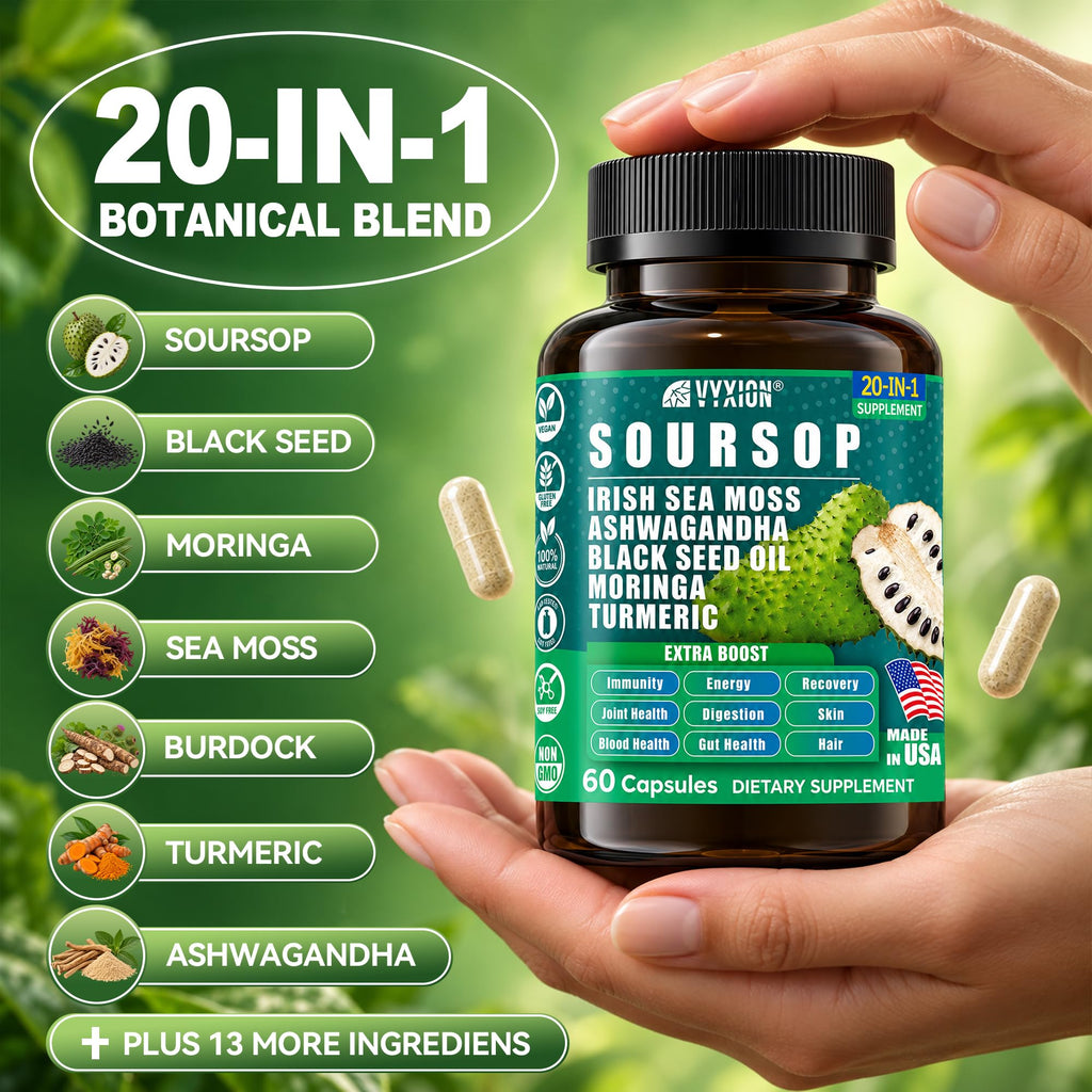 Soursop Graviola Supplement with Sea Moss, Moringa, Turmeric, Black Seed Oil, Oregano, Ashwagandha | 20-in-One Herbal extracts for Overall Health-Enhancing | Vegan, Non-GMO | 60 Capsules