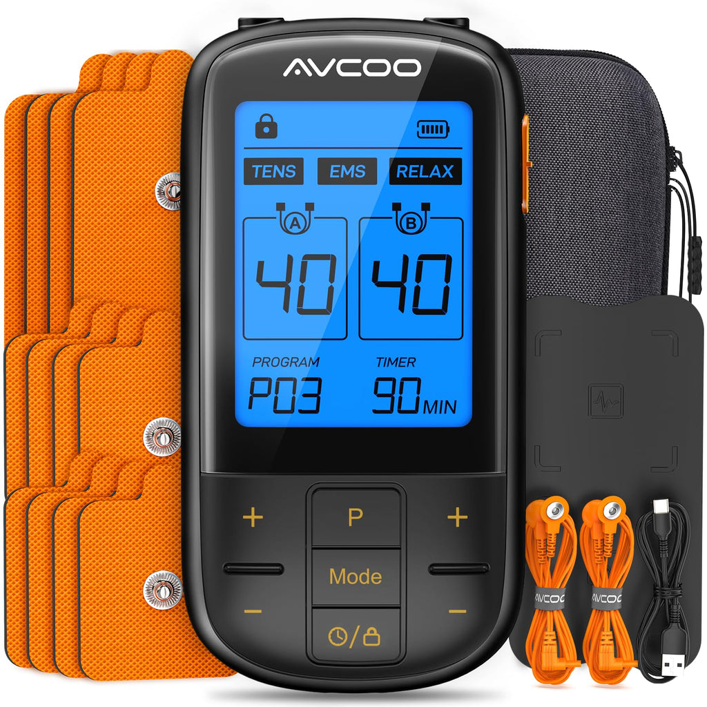 AVCOO 3-in-1 TENS Unit with EMS & Relax for Pain Relief, 32 Modes, EVA Case