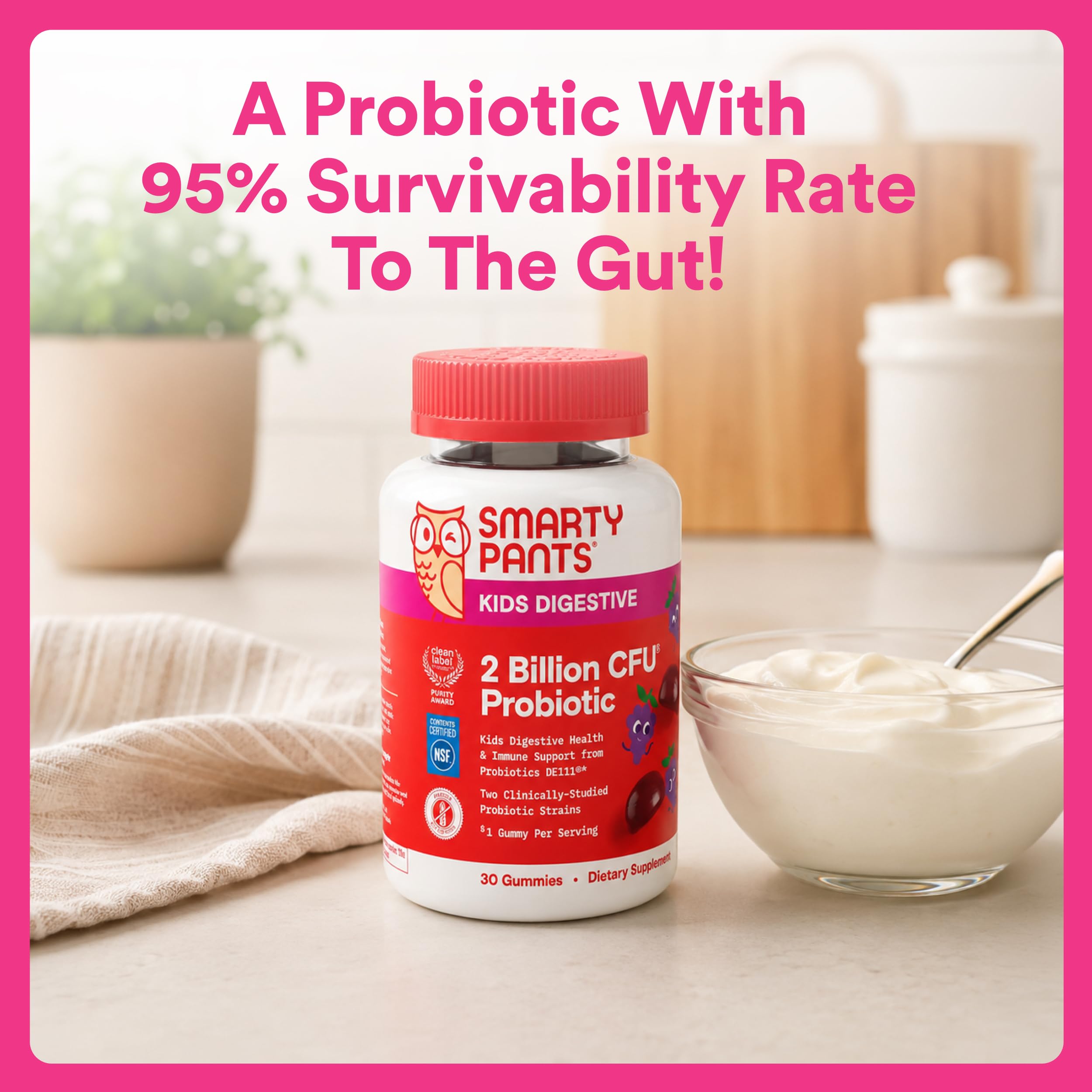 SmartyPants Kids Probiotic Gummies for Digestive Health: 2 Billion CFU Gut Health and Immune Support Supplement, Clinically Studied Probiotic, Gluten Free, Grape, 30 Count (30 Day Supply)