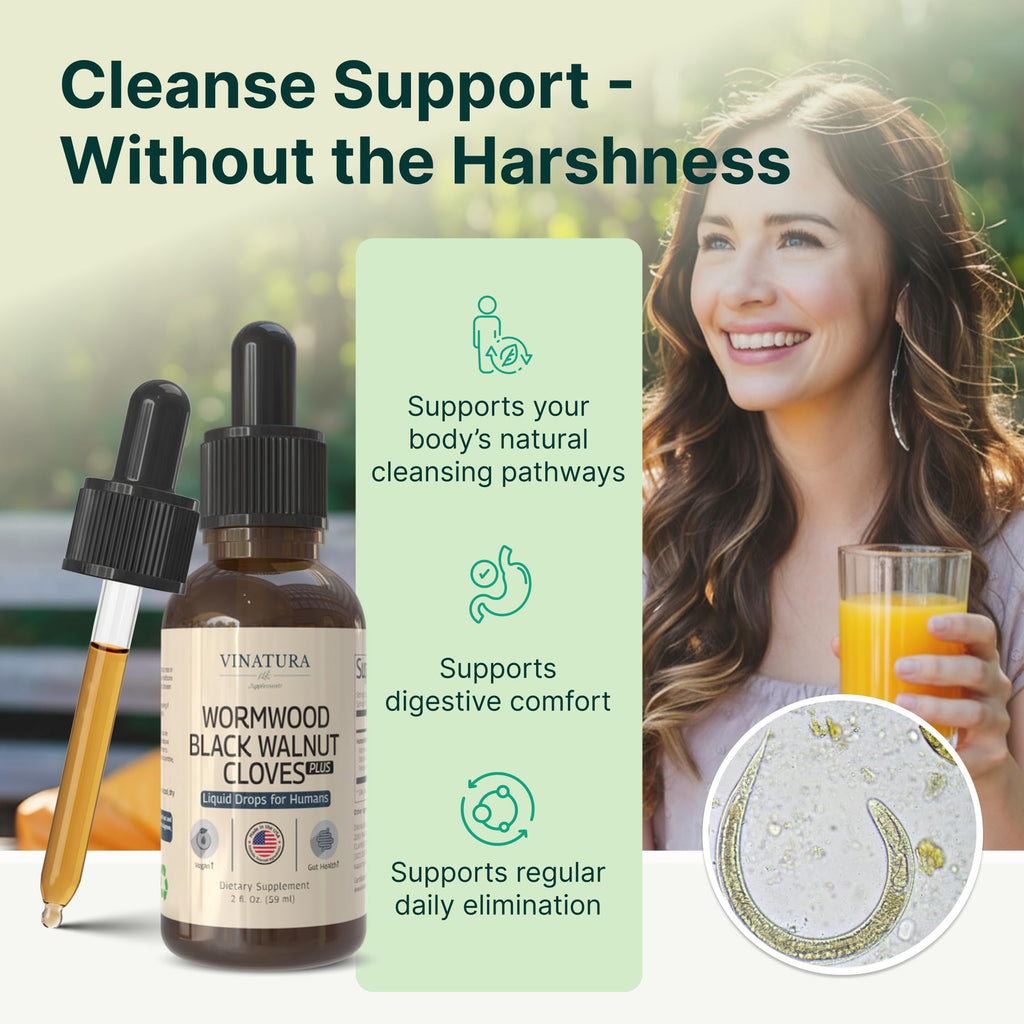 VINATURA Wormwood Black Walnut Cloves Liquid - Cleanse, Detox for Humans with Papaya Leaf and Pumpkin Seed, Intestinal Guard Formula Supplement - 2 fl oz