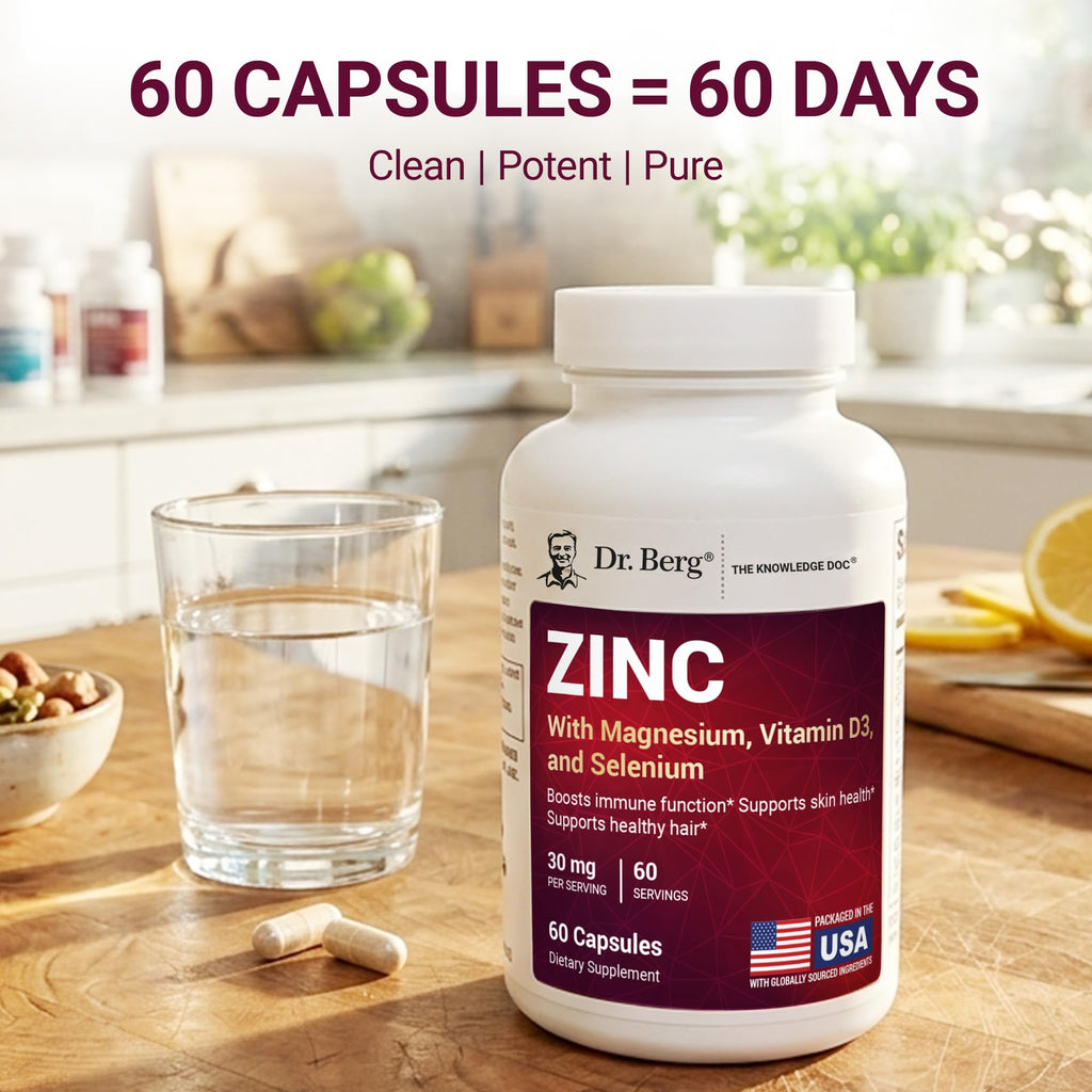 Dr. Berg Zinc 30 mg (60 Capsules) – High Potency 7-in-1 Immune Support Formula – Chelated Zinc with Vitamin D & Selenium for Healthy Skin, Hair & Daily Wellness – No Fillers, 4X Tested*
