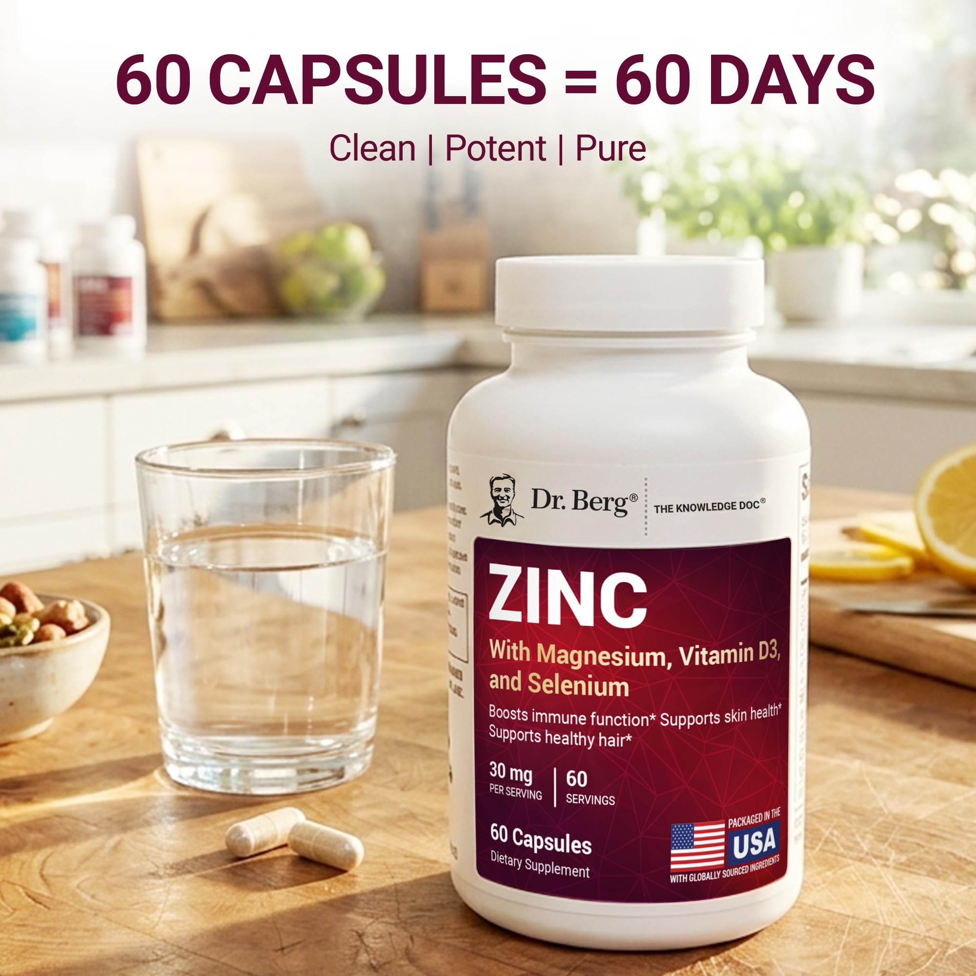Dr. Berg Zinc 30 mg (60 Capsules) – High Potency 7-in-1 Immune Support Formula – Chelated Zinc with Vitamin D & Selenium for Healthy Skin, Hair & Daily Wellness – No Fillers, 4X Tested*