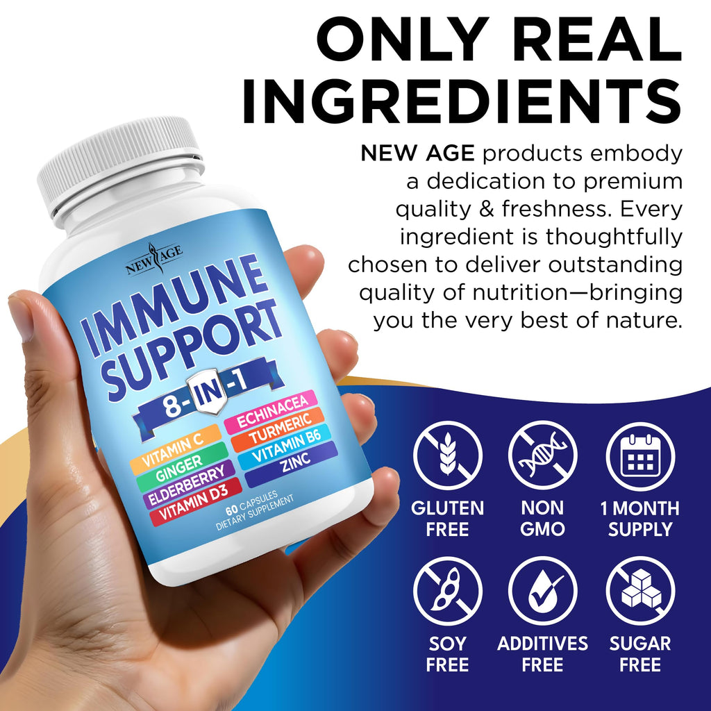 8 in 1 Immune Support Booster Supplement with Echinacea, Vitamin C and Zinc 50mg, Vitamin D 5000 IU, Turmeric Curcumin & Ginger, B6, Elderberry (8 in 1 Capsules (Pack of 3))