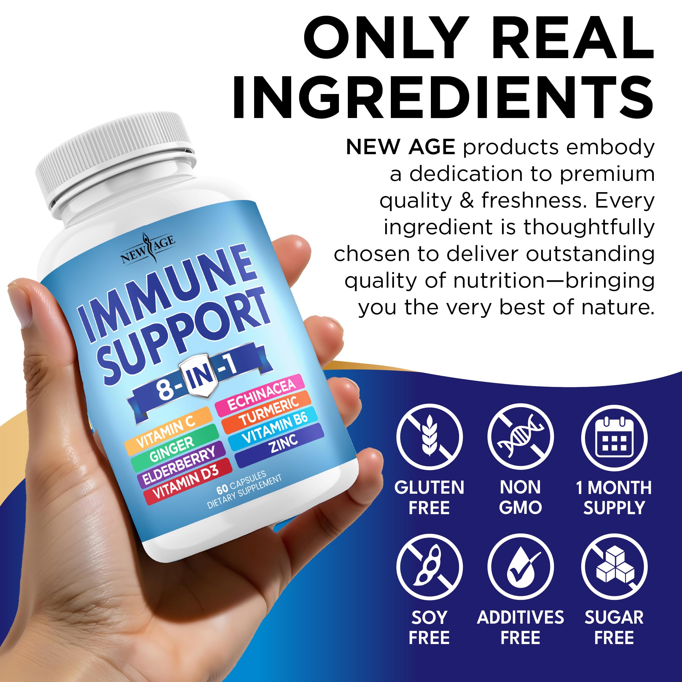 8 in 1 Immune Support Booster Supplement with Echinacea, Vitamin C and Zinc 50mg, Vitamin D 5000 IU, Turmeric Curcumin & Ginger, B6, Elderberry (8 in 1 Capsules (Pack of 3))