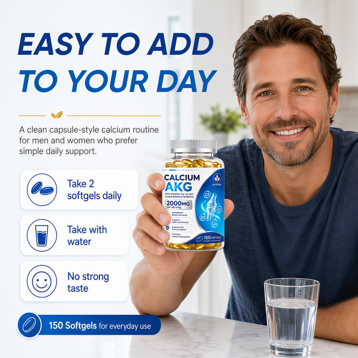 Calcium AKG Supplement 2000mg - 150 Softgels with Vitamin D3 & K2 Softgels for Women & Men │ High Absorption│Calcium Supplements with Magnesium Glycinate, Boron, Probiotics & Vitamin C for Bone1