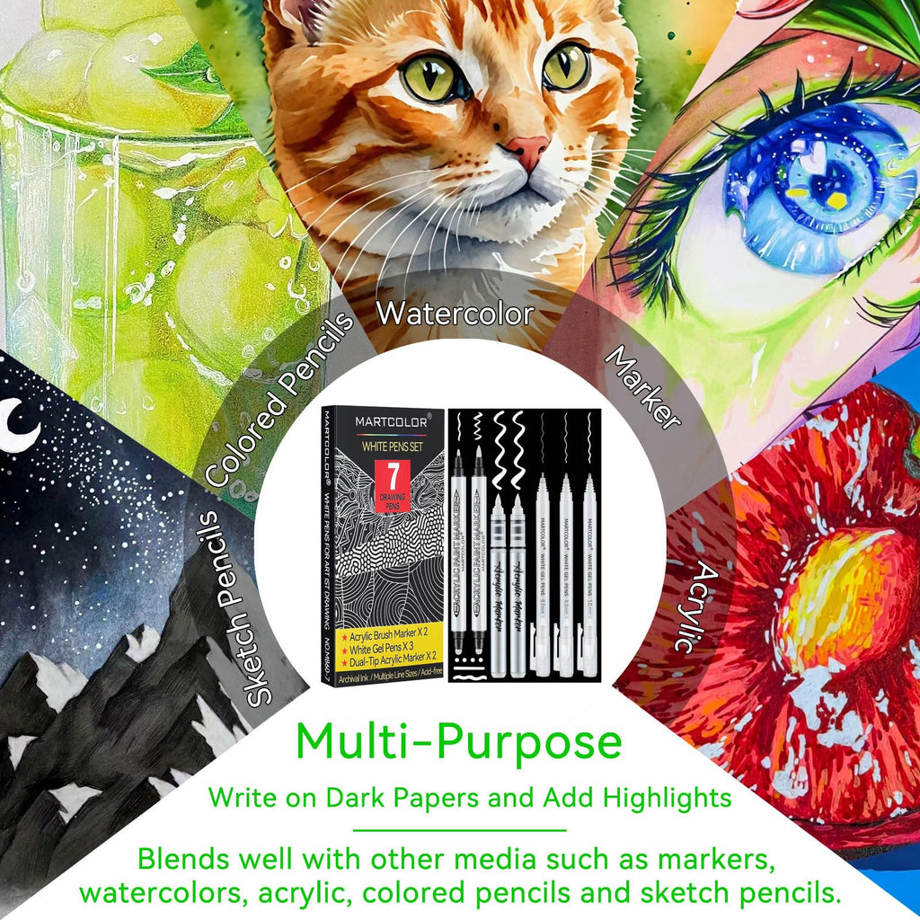 MARTCOLOR White Pens Set, 7 Pack White Gel Pen Dual-Tip Acrylic Paint Pen