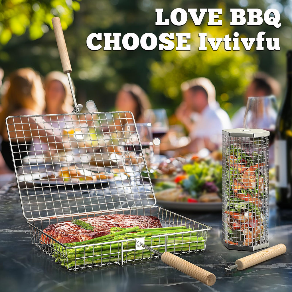 Grill Basket Set, BBQ Accessories, Outdoor Camping Cooking, Gifts for Men