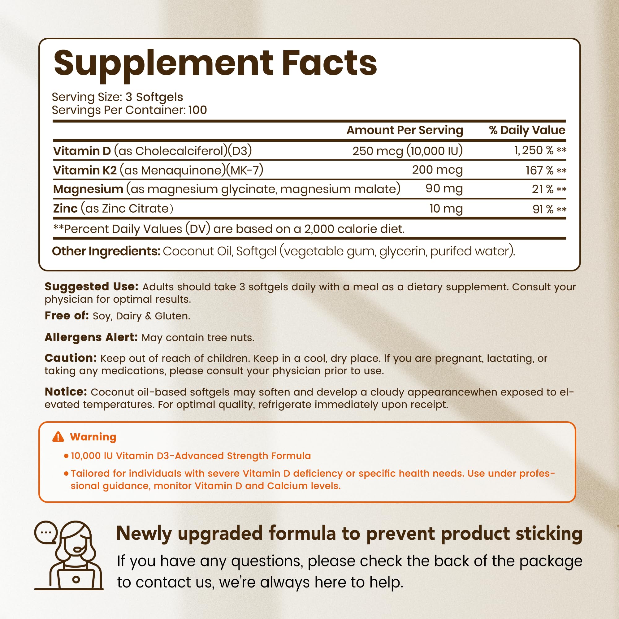 VEV Corefeel Vitamin D3 K2 10,000 IU Magnesium Supplement, 300 Softgels | Vitamin K2 as MK-7, Coconut Oil, Magnesium Glycinate & Malate, Zinc Citrate