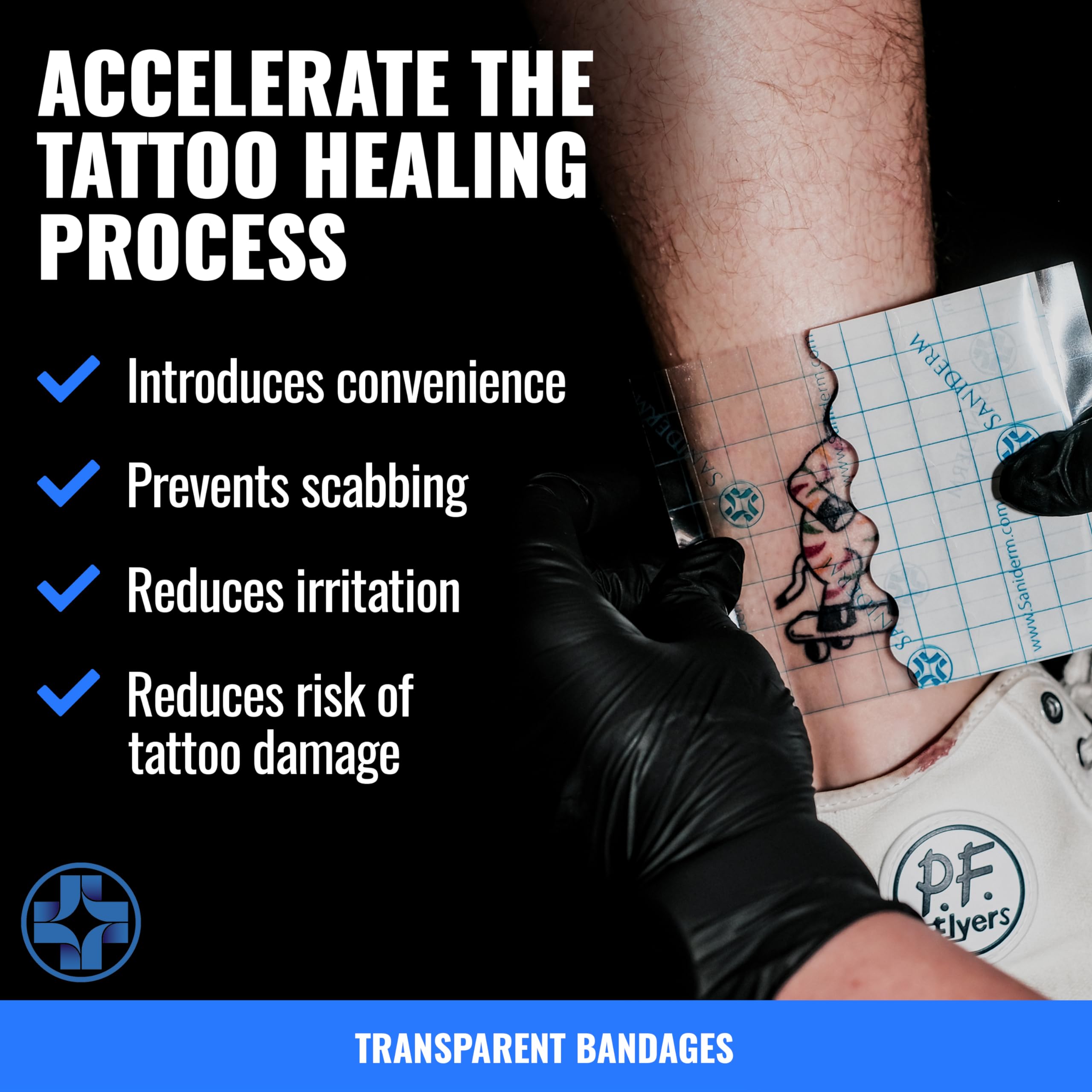 Saniderm - Tattoo Aftercare Bandage 10 Sheets - 4 x 4 Inch Small Pack | Contains Waterproof, Sterile, Latex-Free Bandage Sheets and Medical-Grade Tattoo Aftercare Film for Fresh Ink Protection.