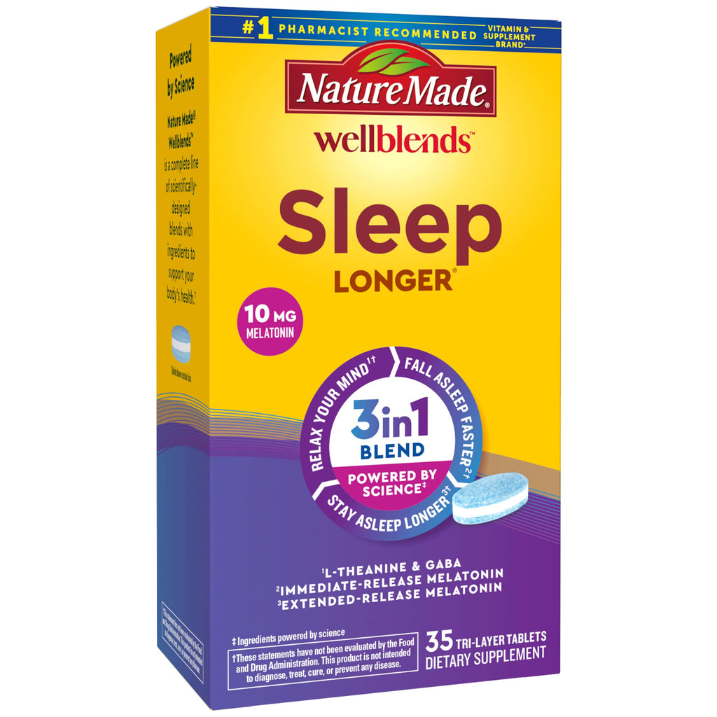 Nature Made Wellblends Sleep Longer, 35 Tri-Layer Tablets | Melatonin 10mg, L theanine 100 mg, and GABA 100mg, Sleep Supplement