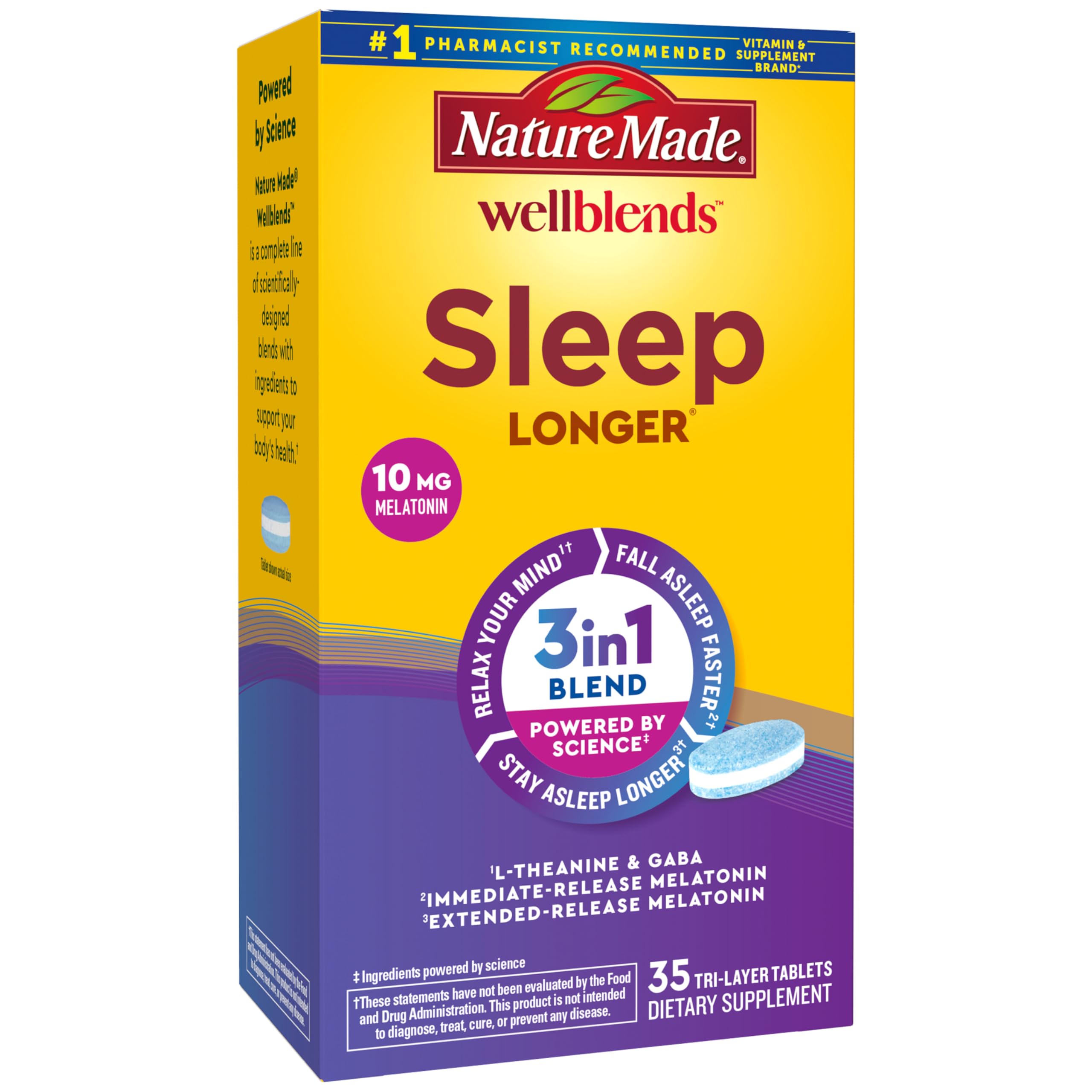 Nature Made Wellblends Sleep Longer, 35 Tri-Layer Tablets | Melatonin 10mg, L theanine 100 mg, and GABA 100mg, Sleep Supplement