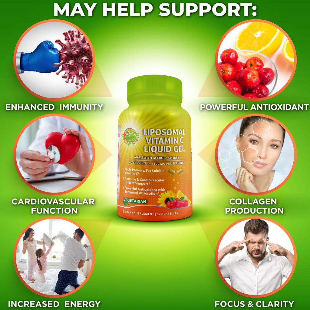 Liposomal Vitamin C Liquid Gel Capsules 1100mg - Made with Organic Acerola | Vitamin C Capsules for Immune Support - High Potency, Enhanced Absorption & Bioavailability, Daily Antioxidant Support, 120ct