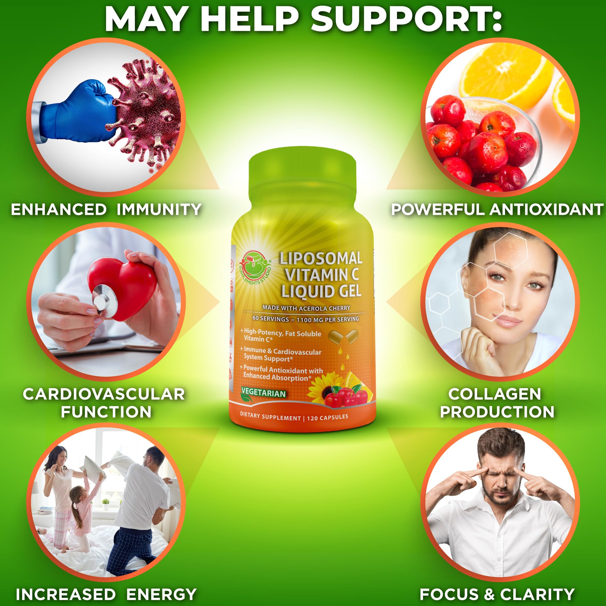 Liposomal Vitamin C Liquid Gel Capsules 1100mg - Made with Organic Acerola | Vitamin C Capsules for Immune Support - High Potency, Enhanced Absorption & Bioavailability, Daily Antioxidant Support, 120ct