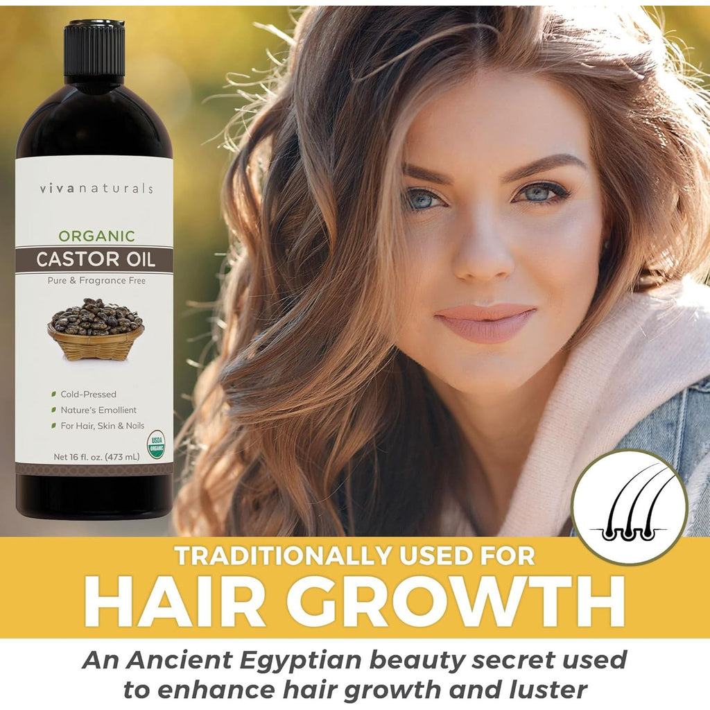 Buy now Viva Naturals Cold pressed Organic Castor Oil 16 fl oz - Castor Oil for Face, Eyelashes, Traditional Eyebrow Serum, Hair Oil - Certified Organic & Non-GMO at indiglob india