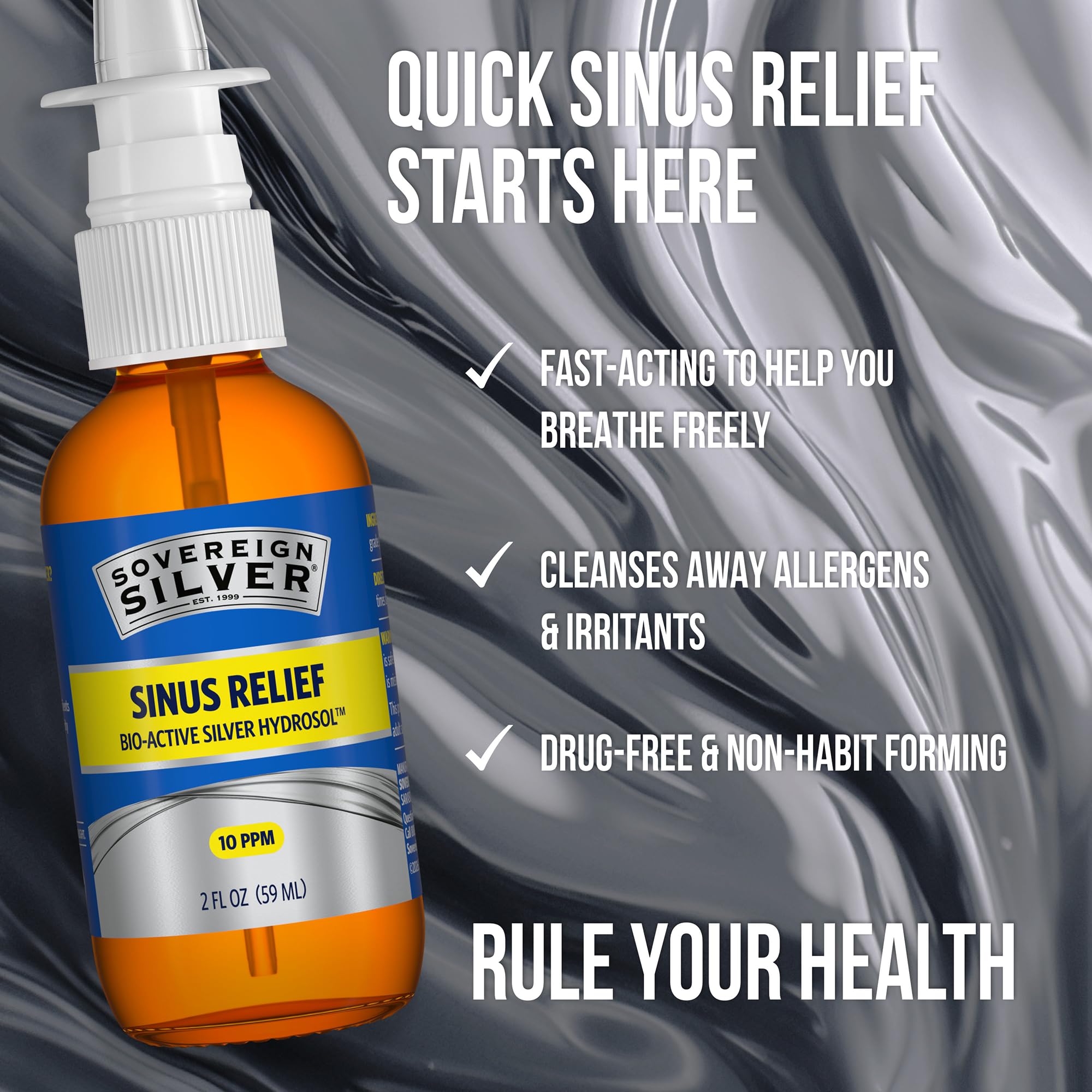 Sovereign Silver Sinus Relief Nasal Spray, 2 fl oz (59 mL) | Bio-Active Silver Hydrosol, Sinus Spray to Cleanse Mucus & Allergens, Drug-Free Nasal Cleanser, Non-Habit Forming, 10 ppm