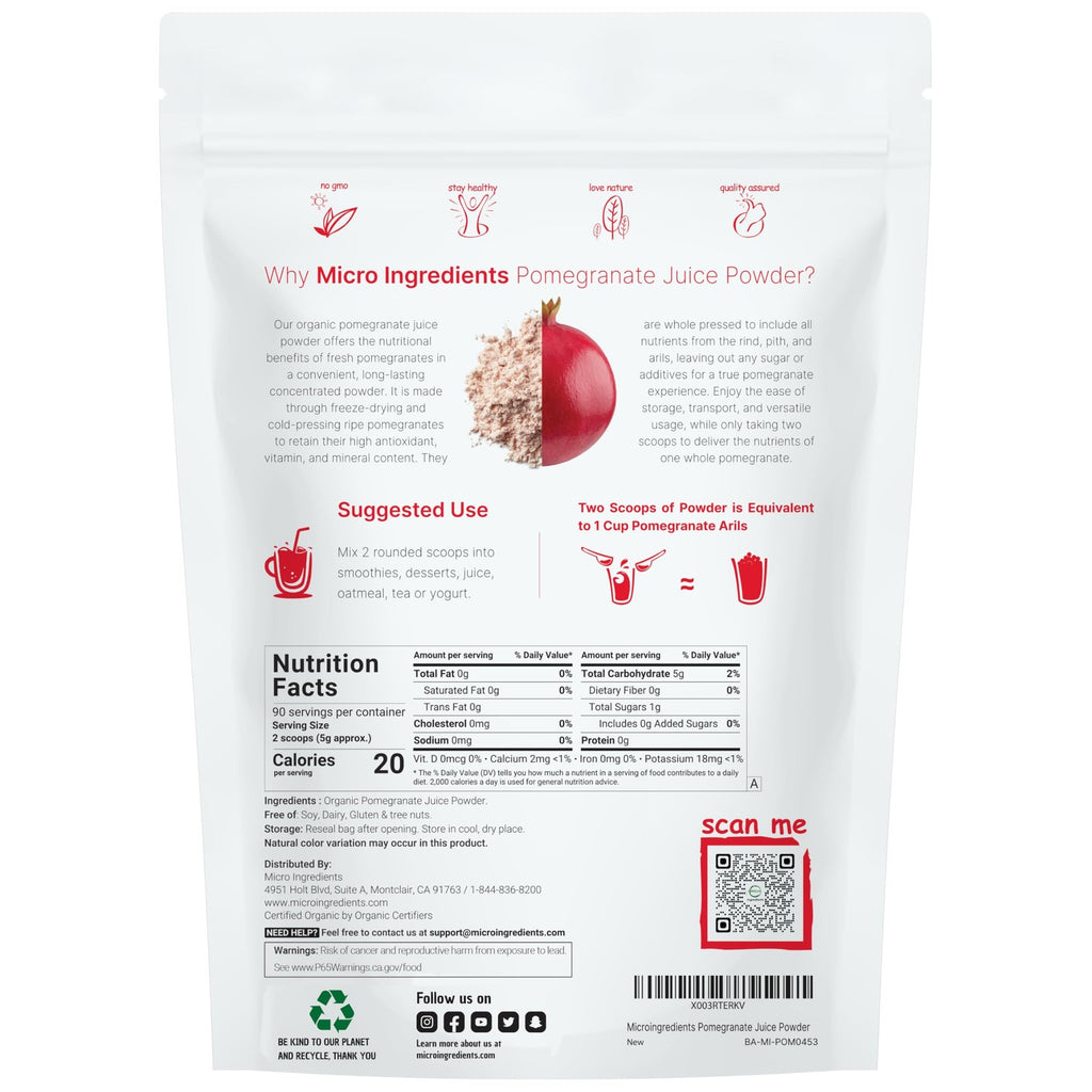 Organic Pomegranate Juice Powder, 1 Pound | 100% Natural Fruit Powder | Freeze Dried & Cold Pressed | No Sugar & Additives | Great Flavor for Drinks, Smoothie, & Beverages | Non-GMO & Vegan Friendly