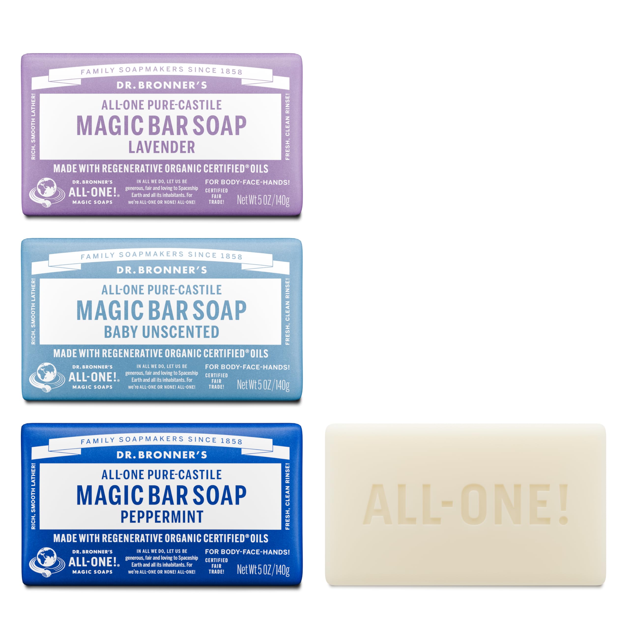 Dr. Bronner's Pure-Castile Magic Bar Soaps (5 Ounce Variety Gift Pack) Almond, Unscented, Lavender, Peppermint, Citrus, Rose - Made with Regenerative Organic Certified Oils, Vegan, Non-GMO