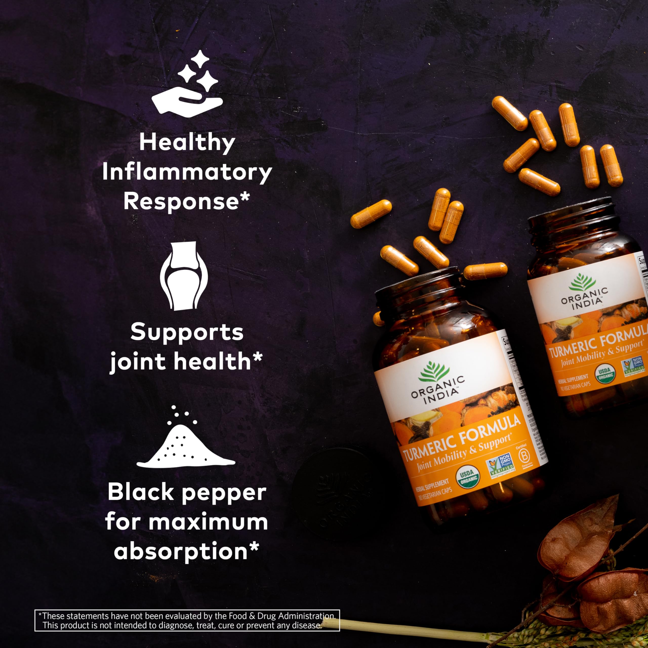 ORGANIC INDIA Turmeric Curcumin with Black Pepper - Organic Turmeric Supplement and Curcumin Supplement, Turmeric Capsules, Joint Support & Immune System Support, Whole Root, Trikatu - 180 Capsules