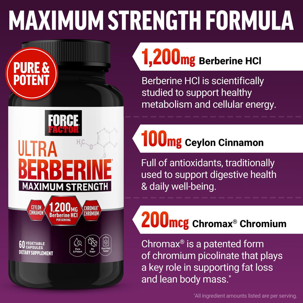 Force Factor Ultra Berberine Maximum Strength, 1200mg Berberine HCl | with Ceylon Cinnamon & Chromax Chromium to Support Fat Loss, Metabolism & Weight Management, 60 Capsules