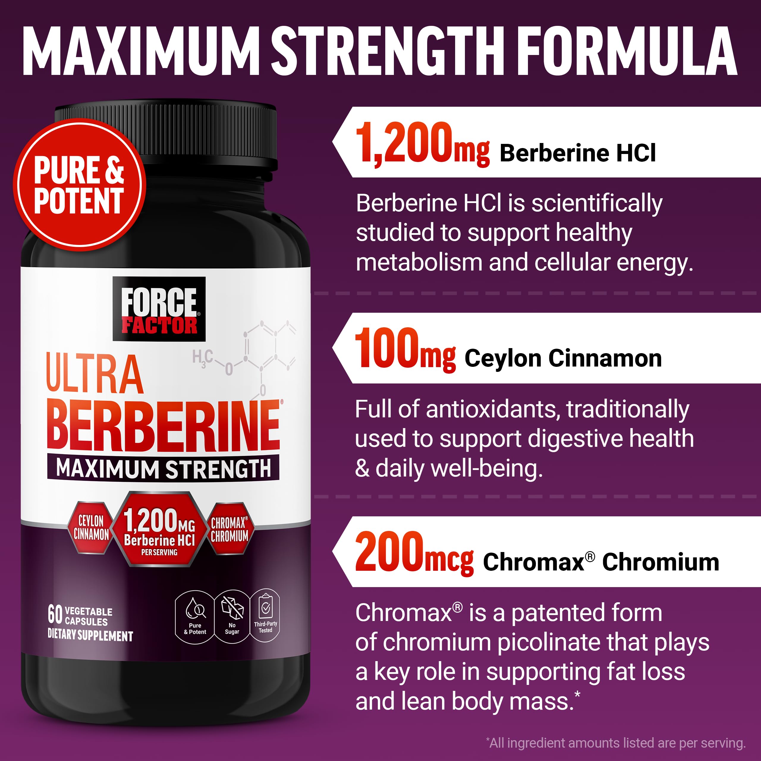 Force Factor Ultra Berberine Maximum Strength, 1200mg Berberine HCl | with Ceylon Cinnamon & Chromax Chromium to Support Fat Loss, Metabolism & Weight Management, 60 Capsules