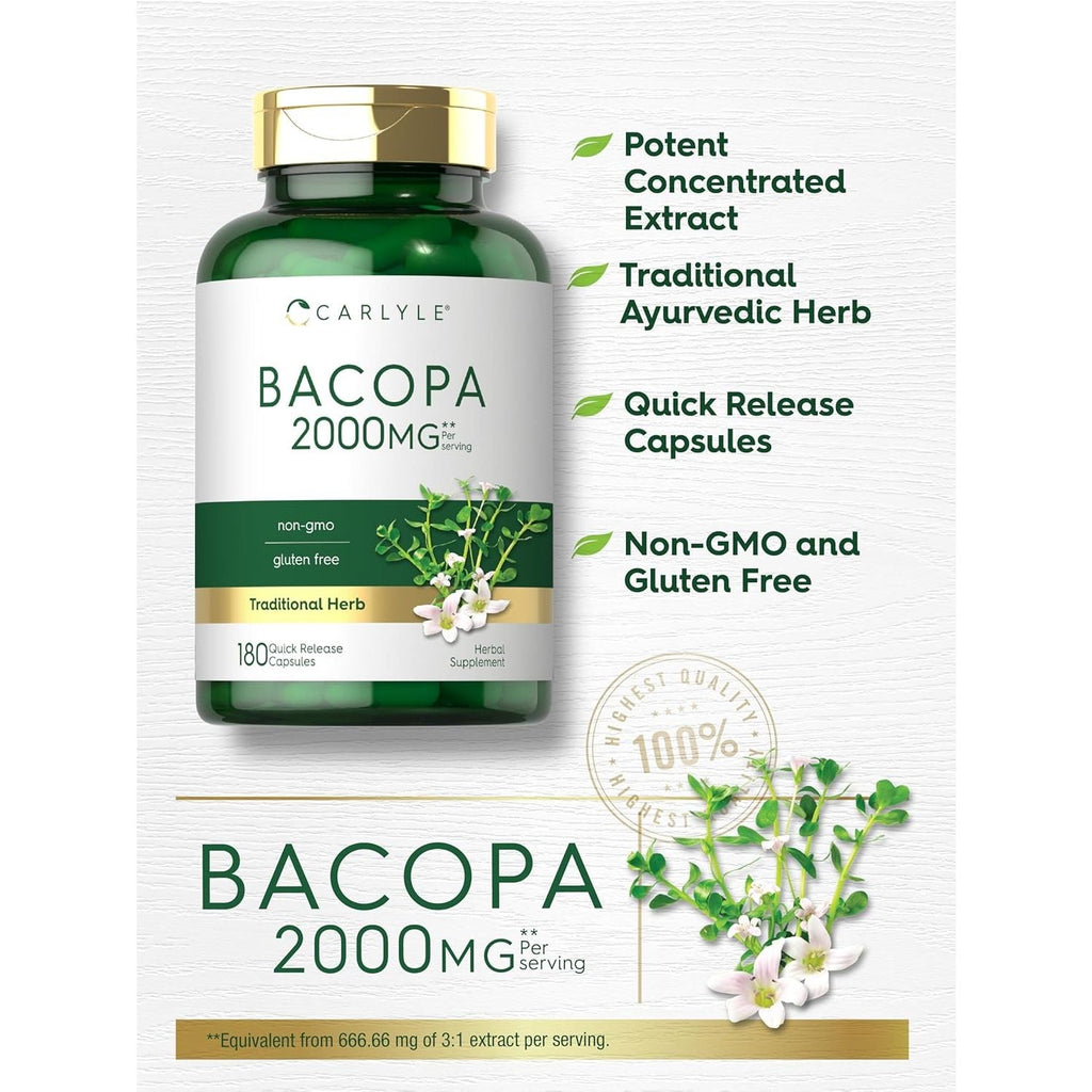 Buy now Carlyle Bacopa Monnieri Capsules | 180 Capsules | Gluten Free Supplement at indiglob india