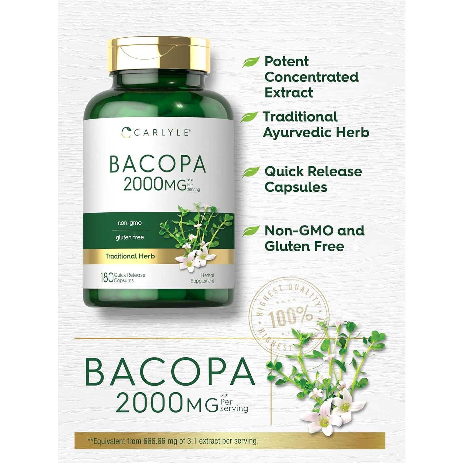 Buy now Carlyle Bacopa Monnieri Capsules | 180 Capsules | Gluten Free Supplement at indiglob india