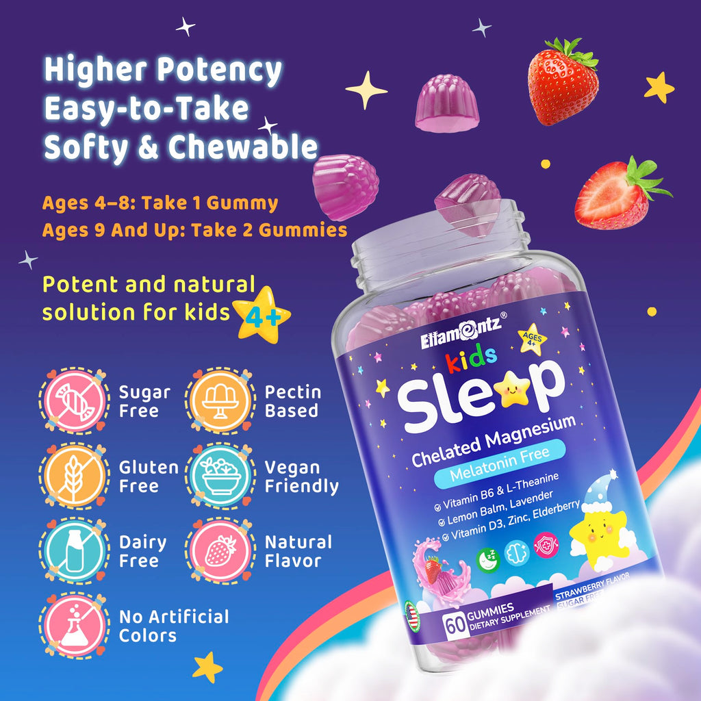 Kids Sleep Gummies, NO Melatonin Sleep Aid Gummies w/ Magnesium Glycinate, Magnesium Malate, L-Theanine, Lavender, B6, Zinc, D3K2 for Restful Sleep, Relax Brain & Muscle, Immune Support, Non-GMO 2Pack